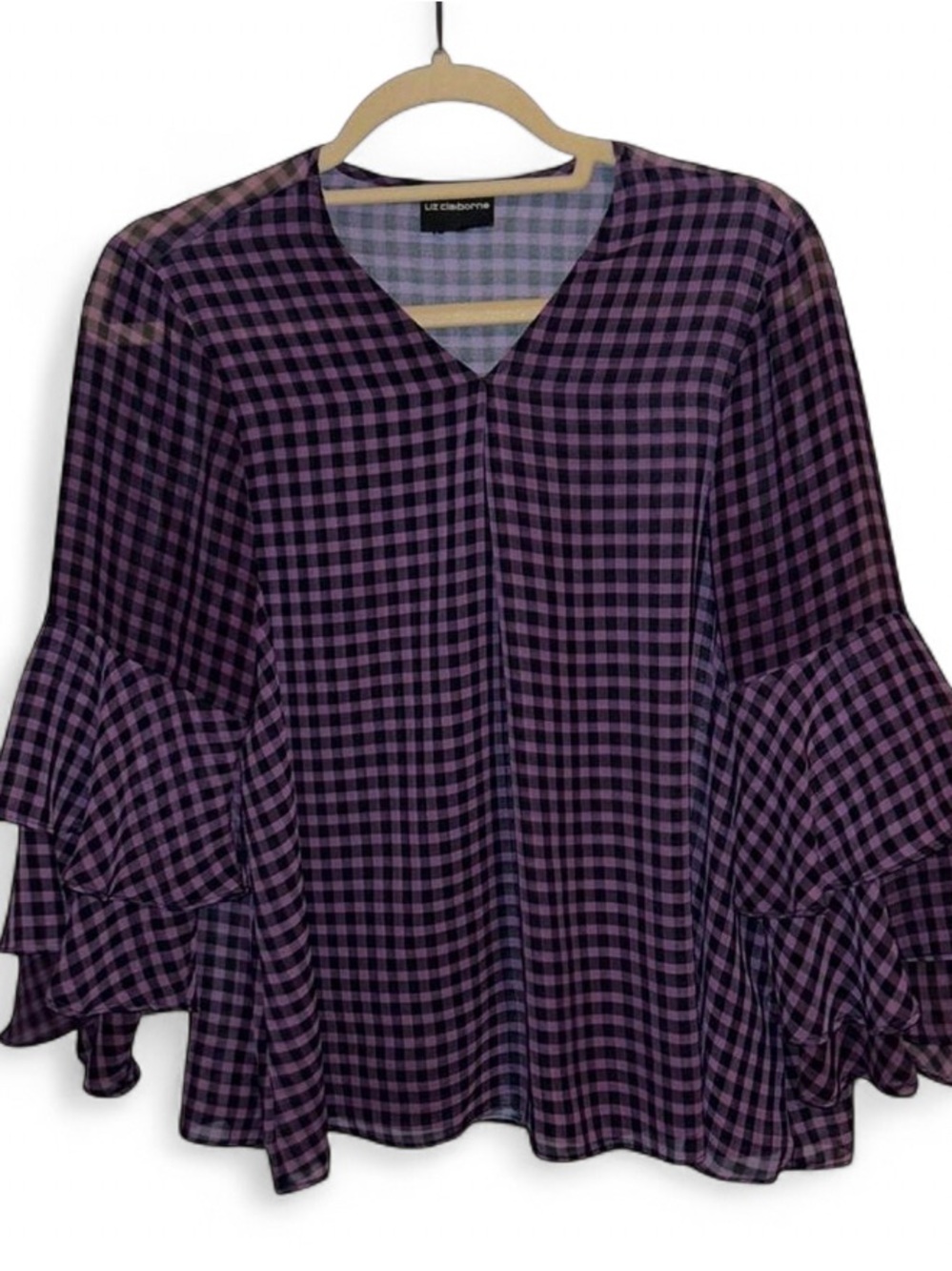 Liz Claiborne Purple and Black Plaid Ruffle Sleeve V-Neck Blouse